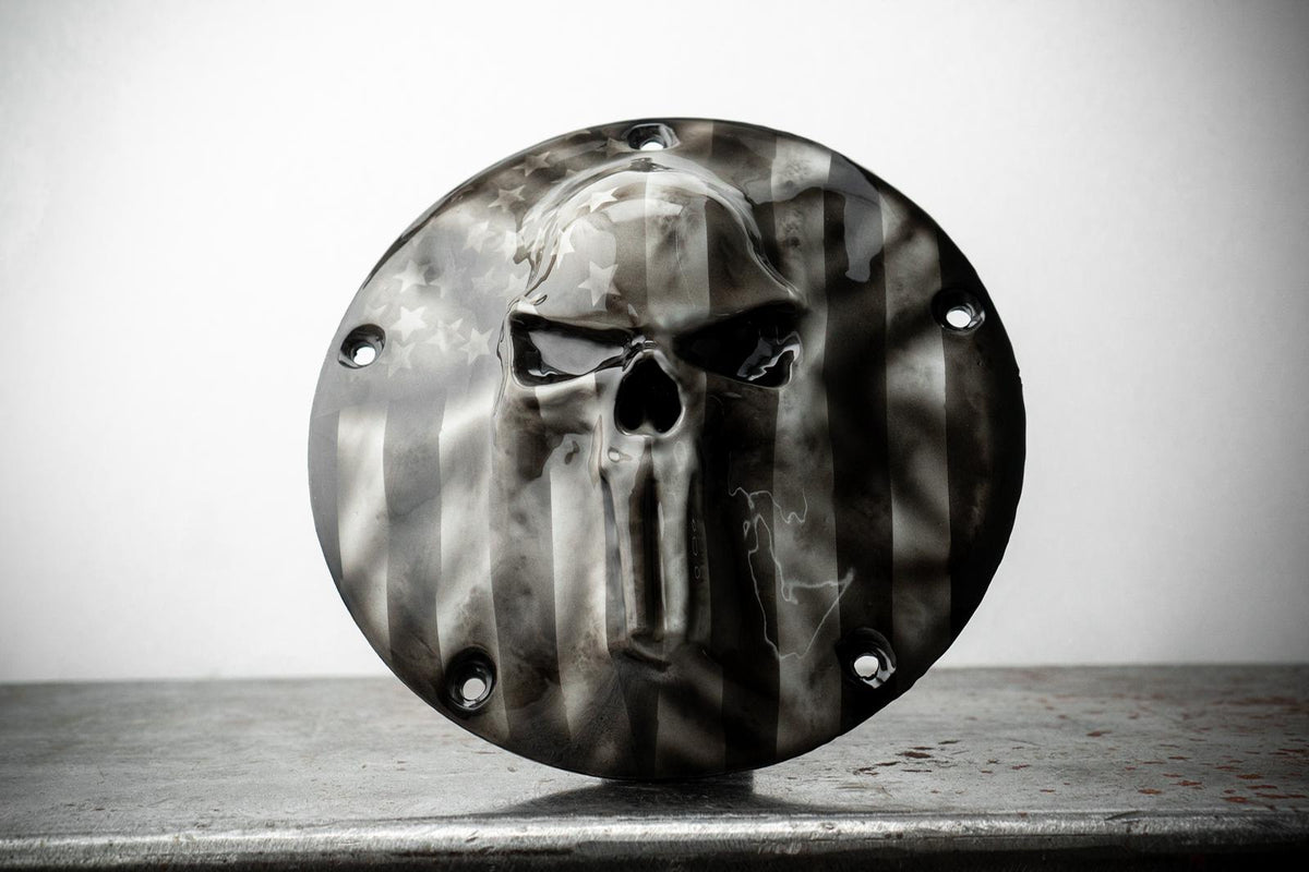 GHOSTED Punisher skull stretching through flag Harley derby and points cover