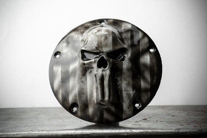 GHOSTED Punisher skull stretching through flag Harley derby and points cover