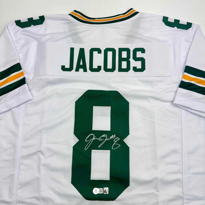 Autographed/Signed Josh Jacobs Green Bay White Football Jersey Beckett BAS COA