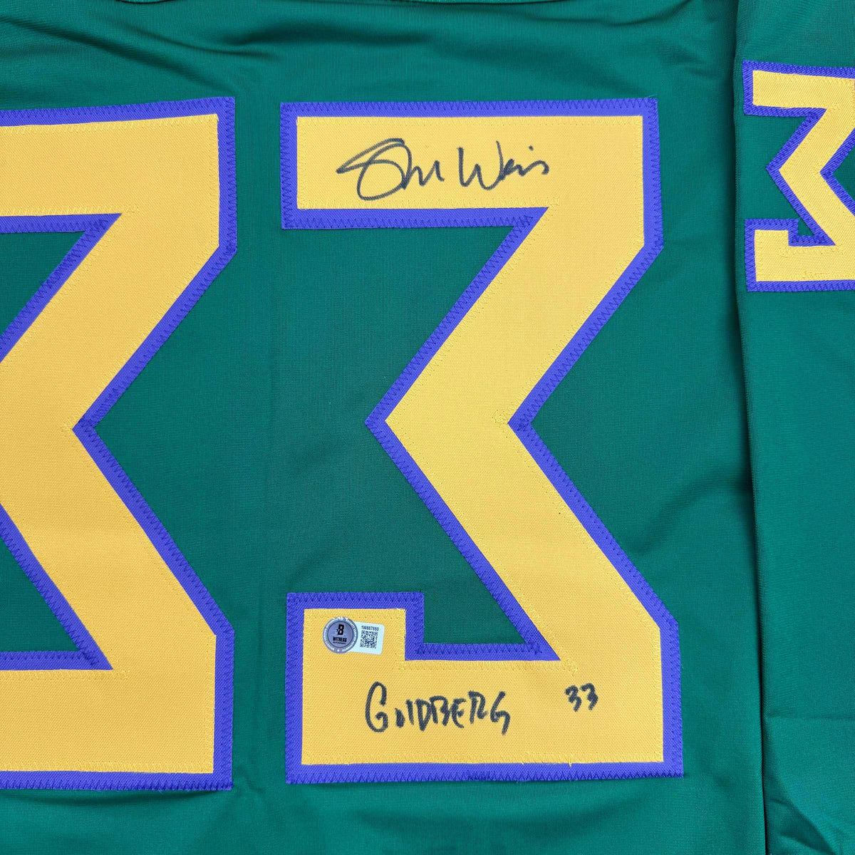 Autographed/Signed Shaun Weiss Greg Goldberg The Mighty Ducks Green Hockey Jersey Beckett BAS COA