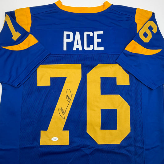 Autographed/Signed Orlando Pace St. Louis Retro Blue Football Jersey JSA COA