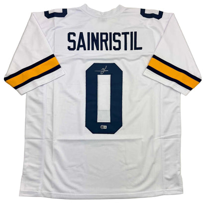 Autographed/Signed Mike Sainristil Michigan White College Football Jersey Beckett BAS COA