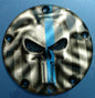 Punisher stretching through Thin Blue Line Flag Harley derby cover