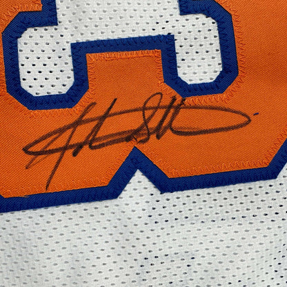 Autographed/Signed John Starks New York White Basketball Jersey JSA COA