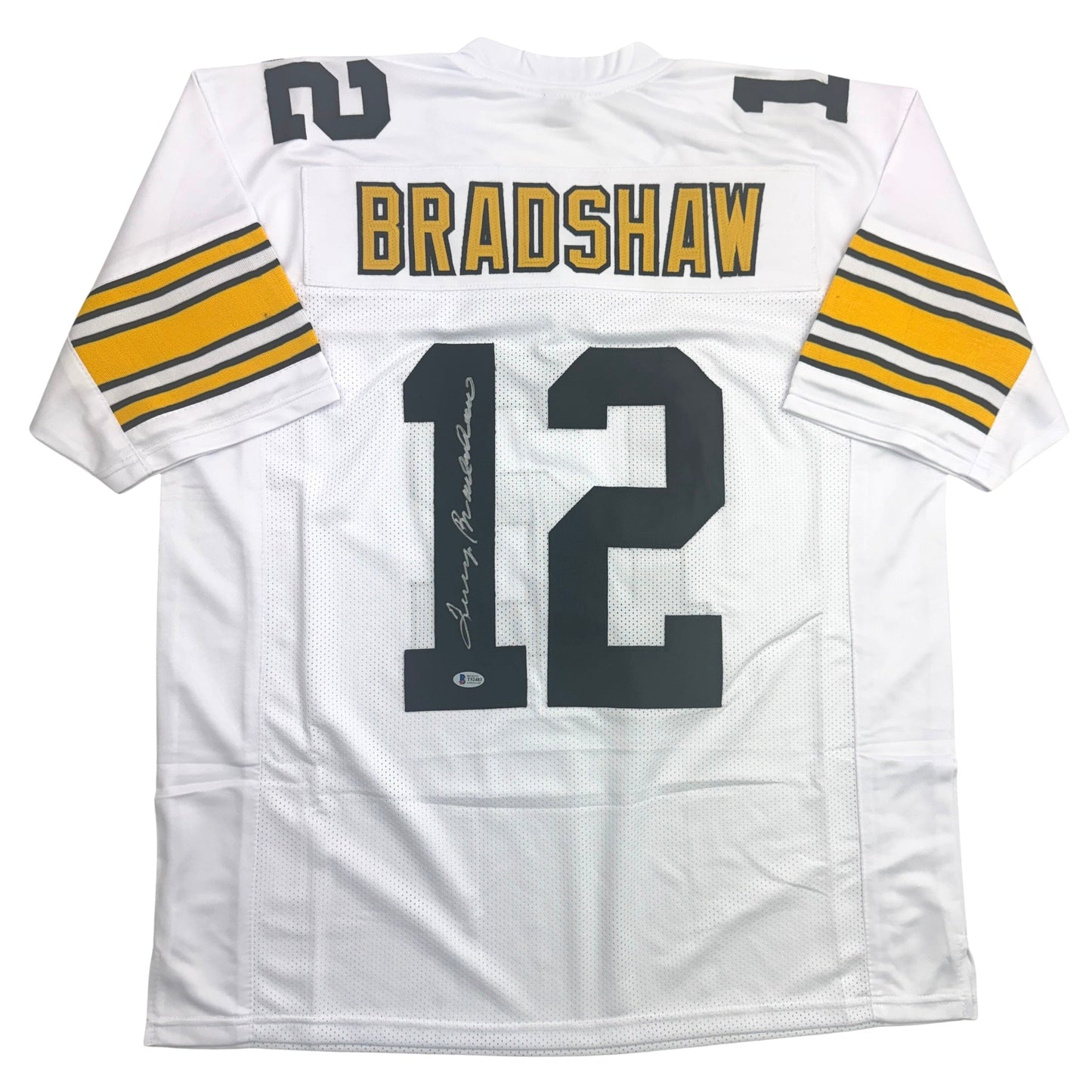 Autographed/Signed Terry Bradshaw Pittsburgh White Football Jersey Beckett BAS COA