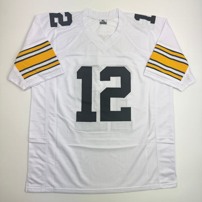 Autographed/Signed Terry Bradshaw Pittsburgh White Football Jersey Beckett BAS COA