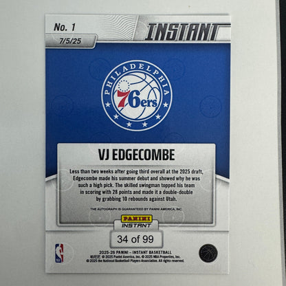 2025 Panini Instant VJ Edgecombe #1 /99 Autograph Rookie RC Basketball Card