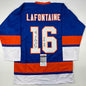 Autographed/Signed Pat Lafontaine HOF 03 New York Blue Hockey Jersey JSA COA