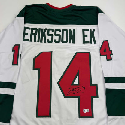 Autographed/Signed Joel Eriksson Ek Minnesota White Hockey Jersey Beckett BAS COA