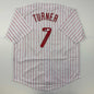 Autographed/Signed Trea Turner Philadelphia Pinstripe Baseball Jersey Beckett BAS COA