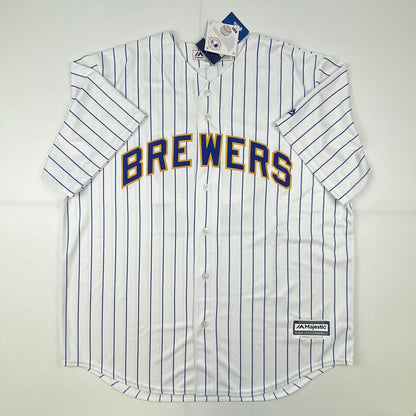 Autographed/Signed Christian Yelich Brew Crew Milwaukee Brewers Pinstripe Cool Base Baseball Jersey JSA COA