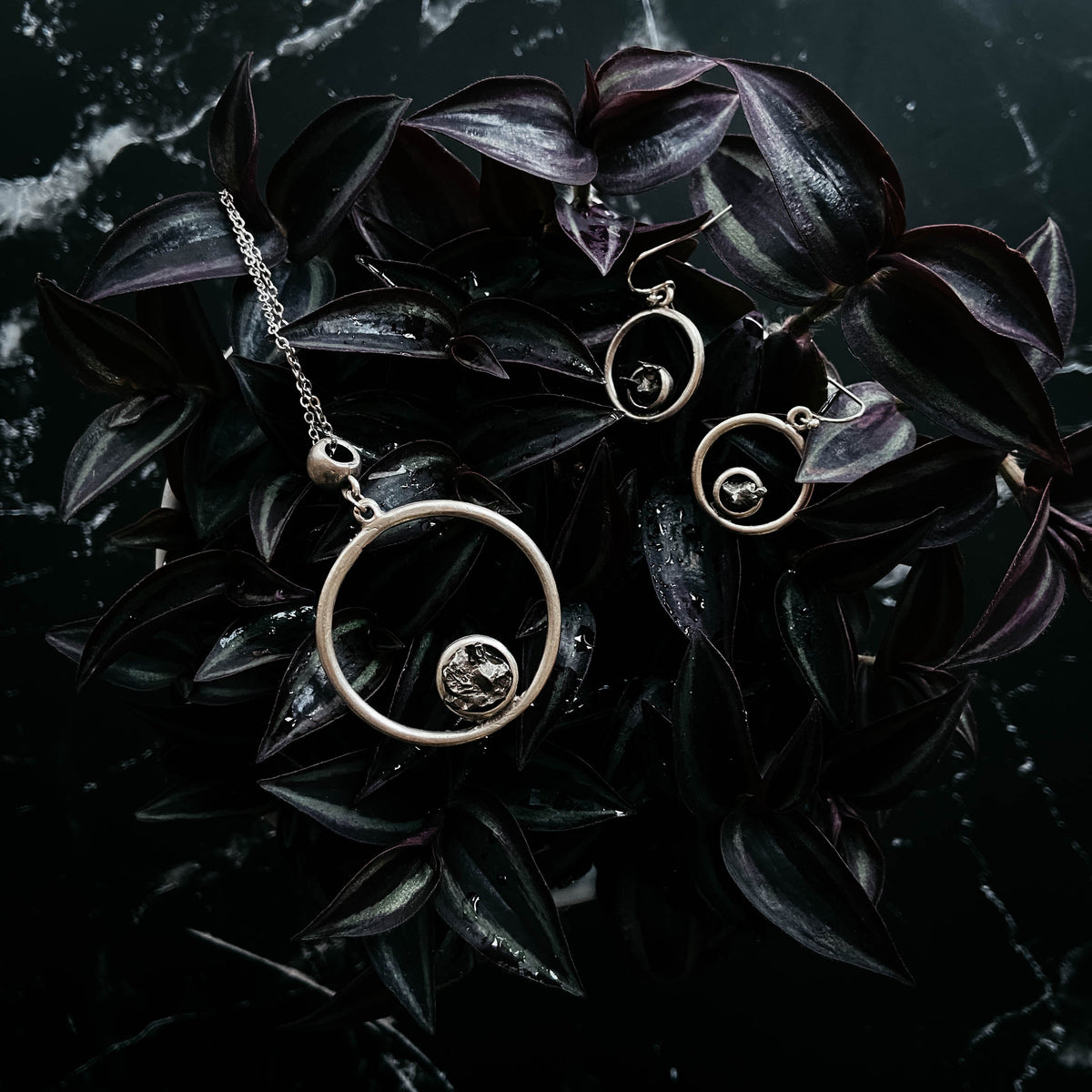 Meteorite Jewelry Set - Circle Necklace and Earrings