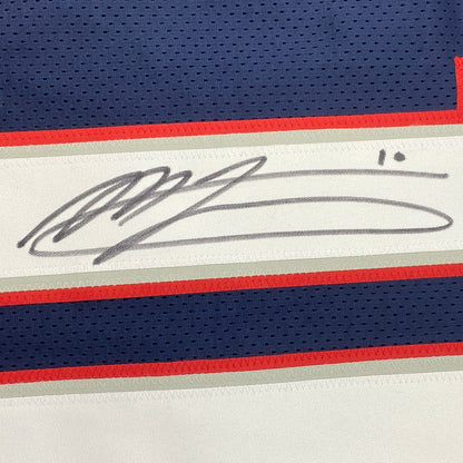 Autographed/Signed Mac Jones New England Blue Football Jersey Beckett BAS COA