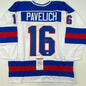 Autographed/Signed Mark Pavelich White Team USA Miracle On Ice 1980 Olympics Hockey Jersey JSA COA