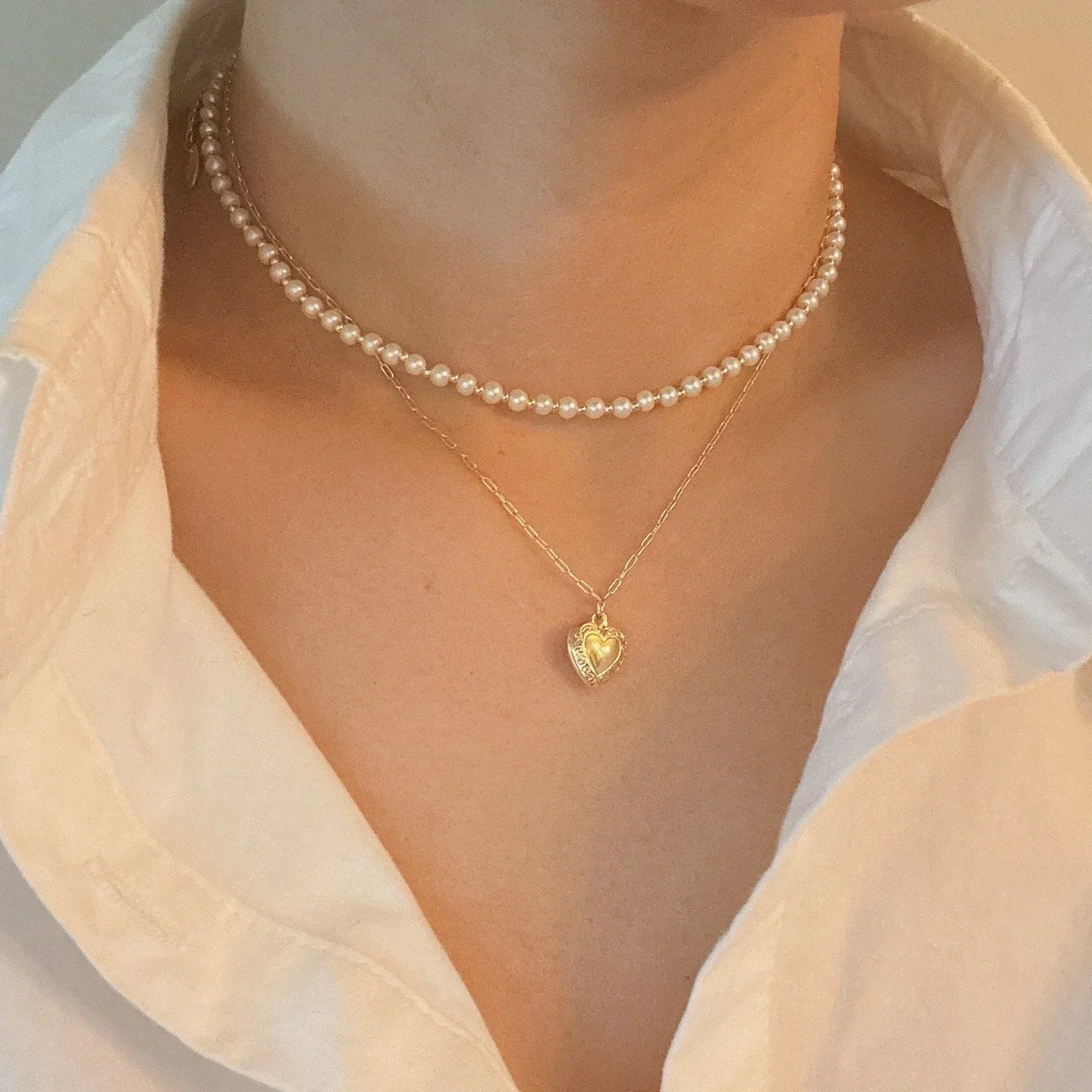 Pearls And Heart Locket Layered Necklace