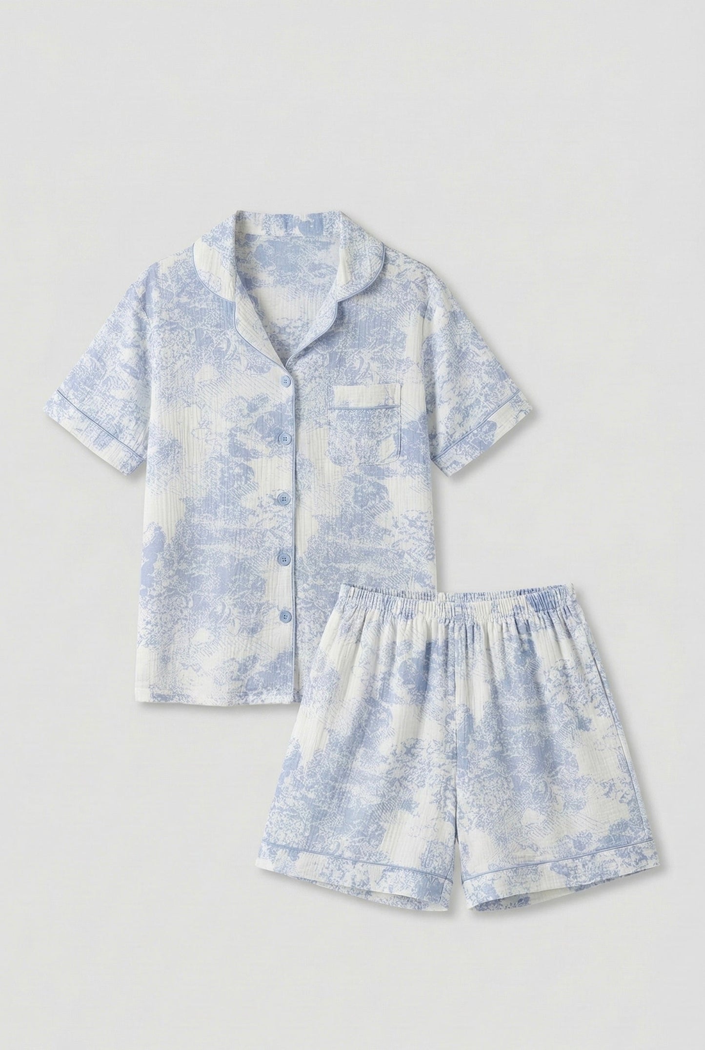 French Cottage Short Sleeves and Shorts Cotton Pajama Set / Blue