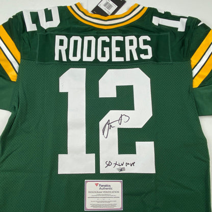Autographed/Signed Aaron Rodgers SB XLV MVP Green Bay Packers Green Authentic Elite Football Jersey Fanatics COA
