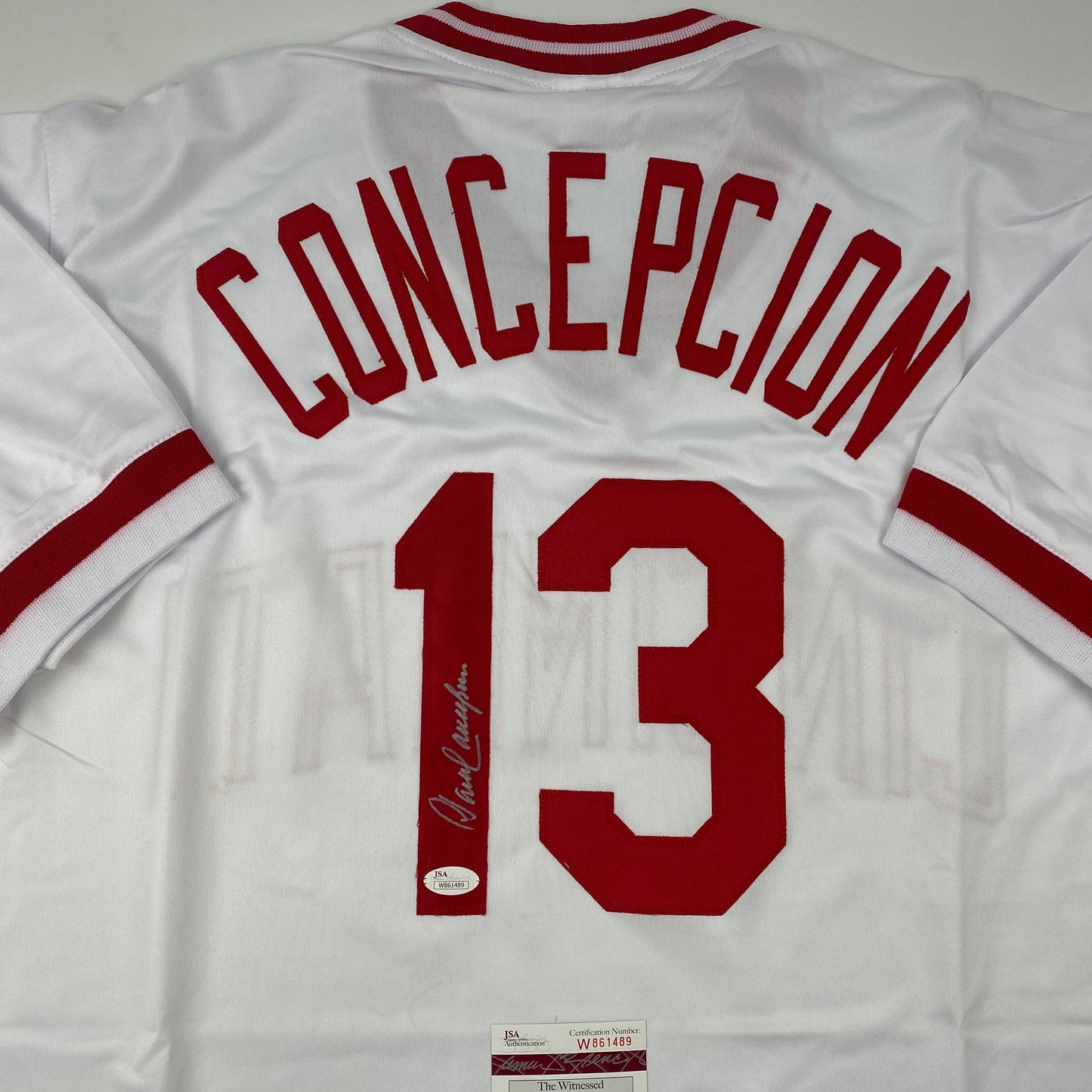 Autographed/Signed Dave Concepcion Cincinnati White Baseball Jersey JSA COA