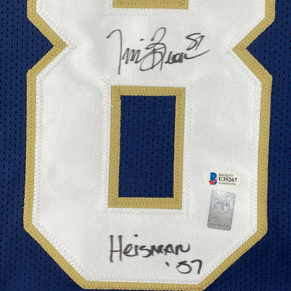 Autographed/Signed Tim Brown Heisman 87 Notre Dame Blue College Football Jersey Beckett BAS COA