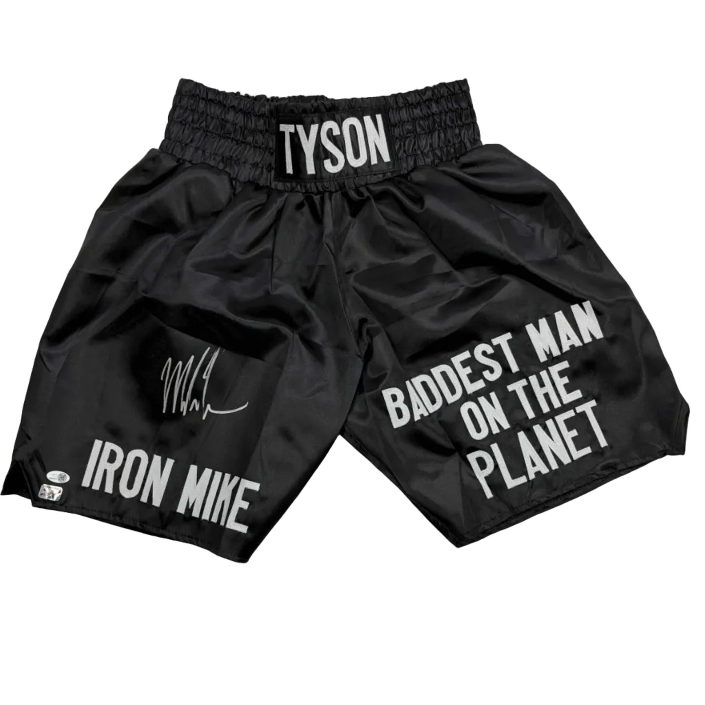 Autographed/Signed Mike Tyson Iron Mike Baddest Man on the Planet Black Boxing Trunks JSA COA
