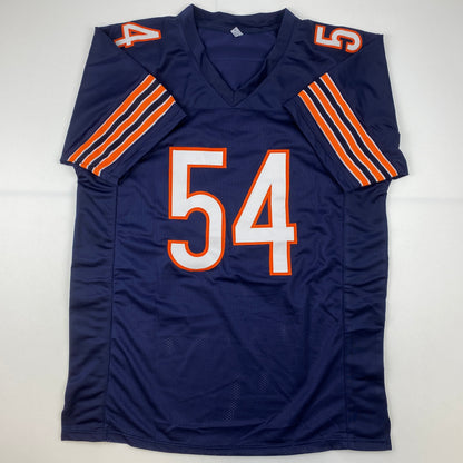 Autographed/Signed Brian Urlacher HOF 18 Chicago Blue Football Jersey Beckett BAS COA