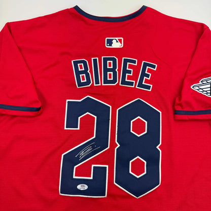 Autographed/Signed Tanner Bibee Cleveland Red Baseball Jersey PSA COA