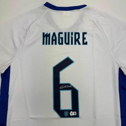 Autographed/Signed Harry Maguire England White Soccer Jersey Beckett BAS COA