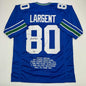 Autographed/Signed Steve Largent HOF 95 Seattle Blue Stat Football Jersey Beckett BAS COA
