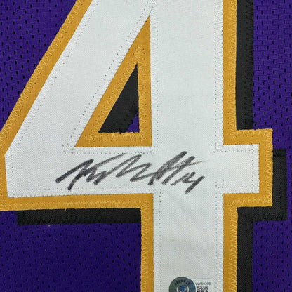 Framed Autographed/Signed Kyle Hamilton 35x39 Baltimore Purple Football Jersey Beckett BAS COA