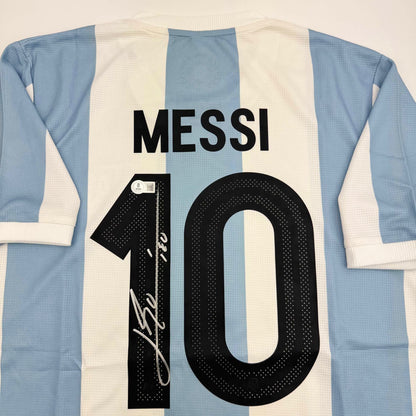 Autographed/Signed Lionel Leo Messi Argentina Blue/White Soccer Jersey Beckett BAS COA