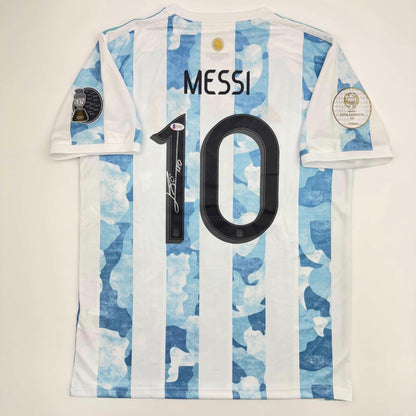 Autographed/Signed Lionel Leo Messi Argentina Blue/White Soccer Jersey Beckett BAS COA