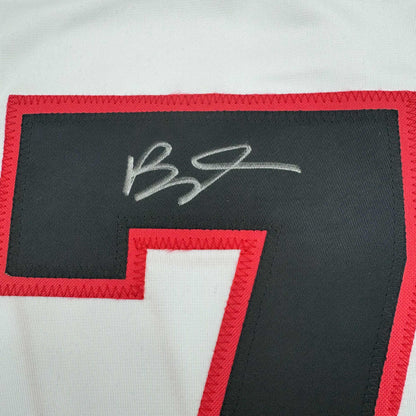 Framed Autographed/Signed Brady Tkachuk 35x39 Ottawa White Hockey Jersey JSA COA