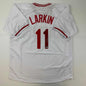 Autographed/Signed Barry Larkin Cincinnati White Baseball Jersey Beckett BAS COA