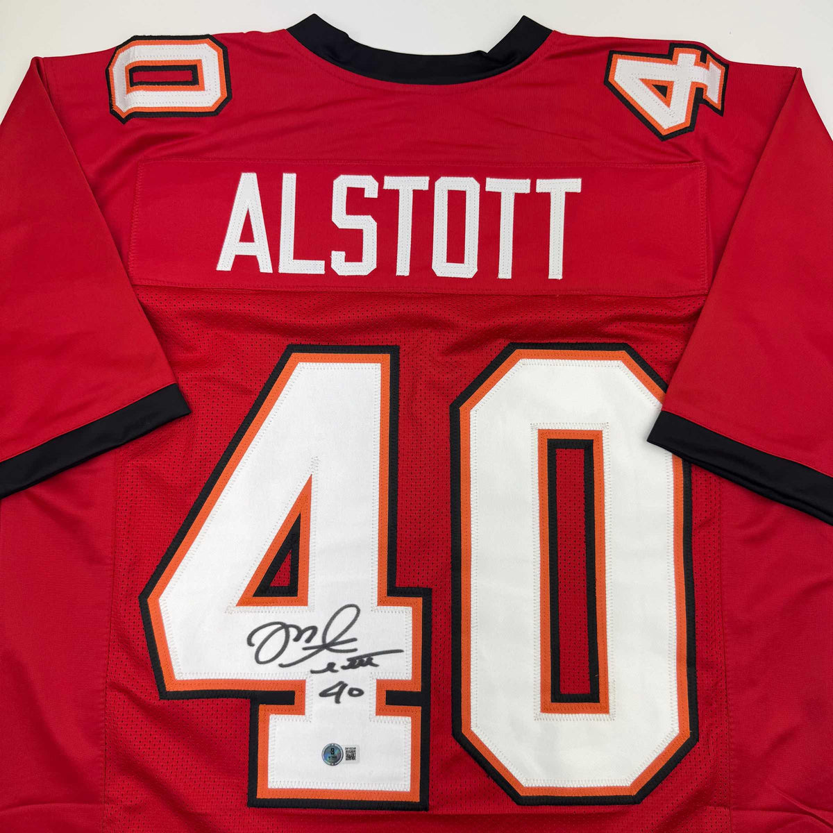 Autographed/Signed Mike Alstott Tampa Bay Red Football Jersey Beckett BAS COA