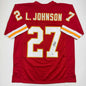 Autographed/Signed Larry Johnson Kansas City Red Football Jersey Beckett BAS COA