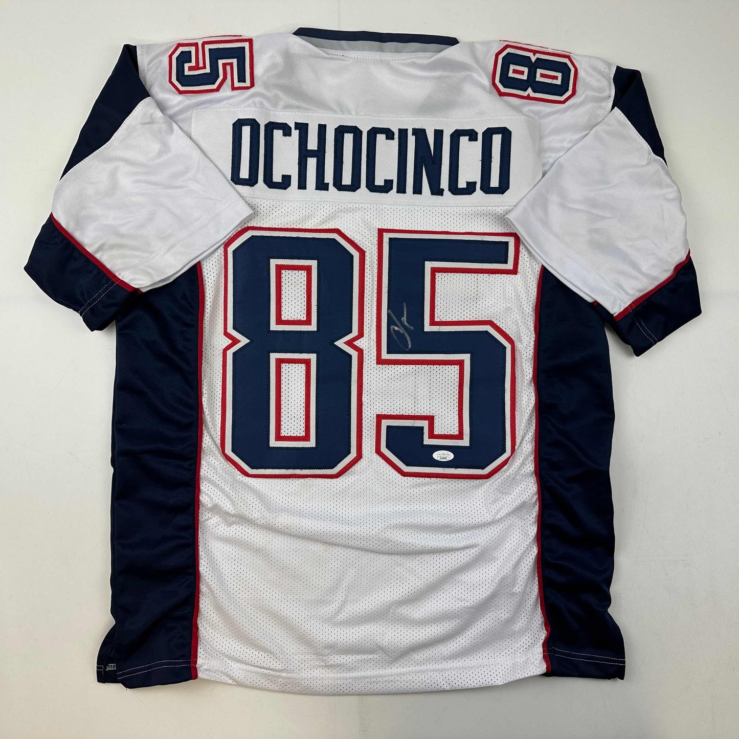 Autographed/Signed Chad Ochocinco (Johnson) New England White Football Jersey JSA COA