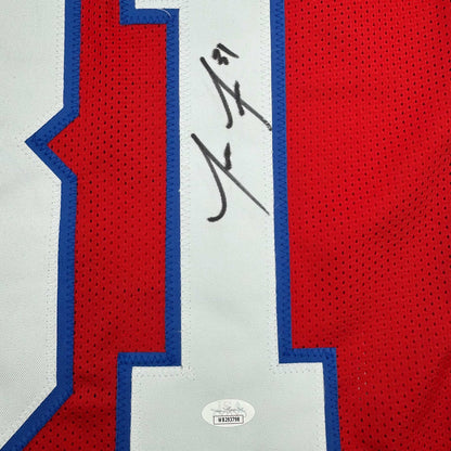 Framed Autographed/Signed Jonathan Jones 35x39 New England Red Football Jersey JSA COA