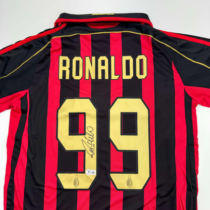 Autographed/Signed Ricardo Ronaldo Nazario AC Milan Black/Red Soccer Futbol Jersey Beckett BAS COA