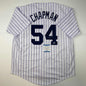 Autographed/Signed Aroldis Chapman New York Pinstripe Baseball Jersey Beckett BAS COA