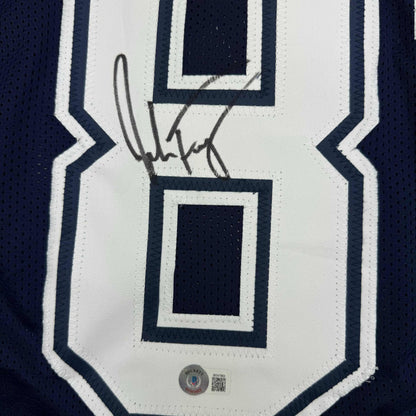 Framed Autographed/Signed Jake Ferguson 35x39 Dallas Blue Football Jersey Beckett BAS COA