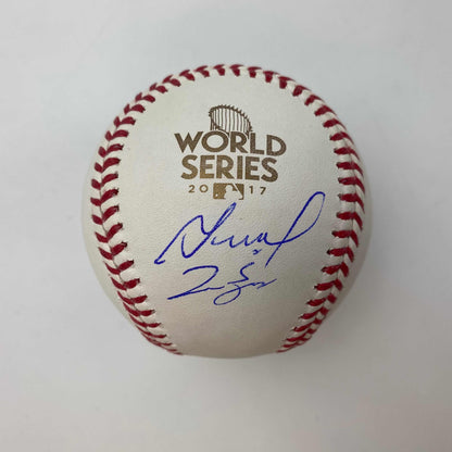 Autographed/Signed Jose Altuve & George Springer 2017 World Series Rawlings Official Major League Baseball ROML JSA COA