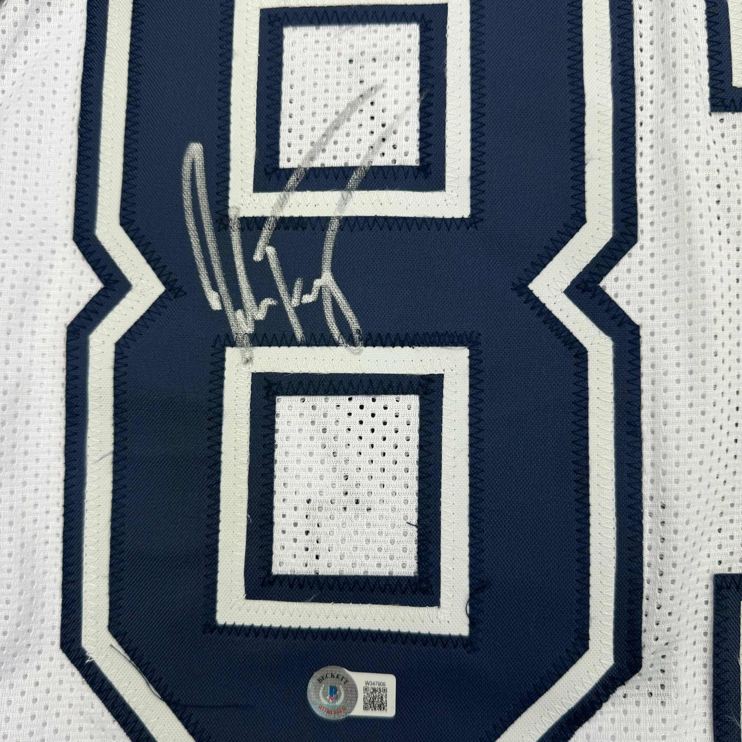 Framed Autographed/Signed Jake Ferguson 35x39 Dallas White Color Rush Football Jersey Beckett BAS COA