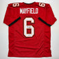 Autographed/Signed Baker Mayfield Tampa Bay Red Football Jersey Beckett BAS COA