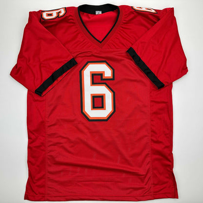 Autographed/Signed Baker Mayfield Tampa Bay Red Football Jersey Beckett BAS COA