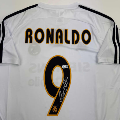 Autographed/Signed Ronaldo Nazario Real Madrid White Soccer Jersey Beckett BAS COA