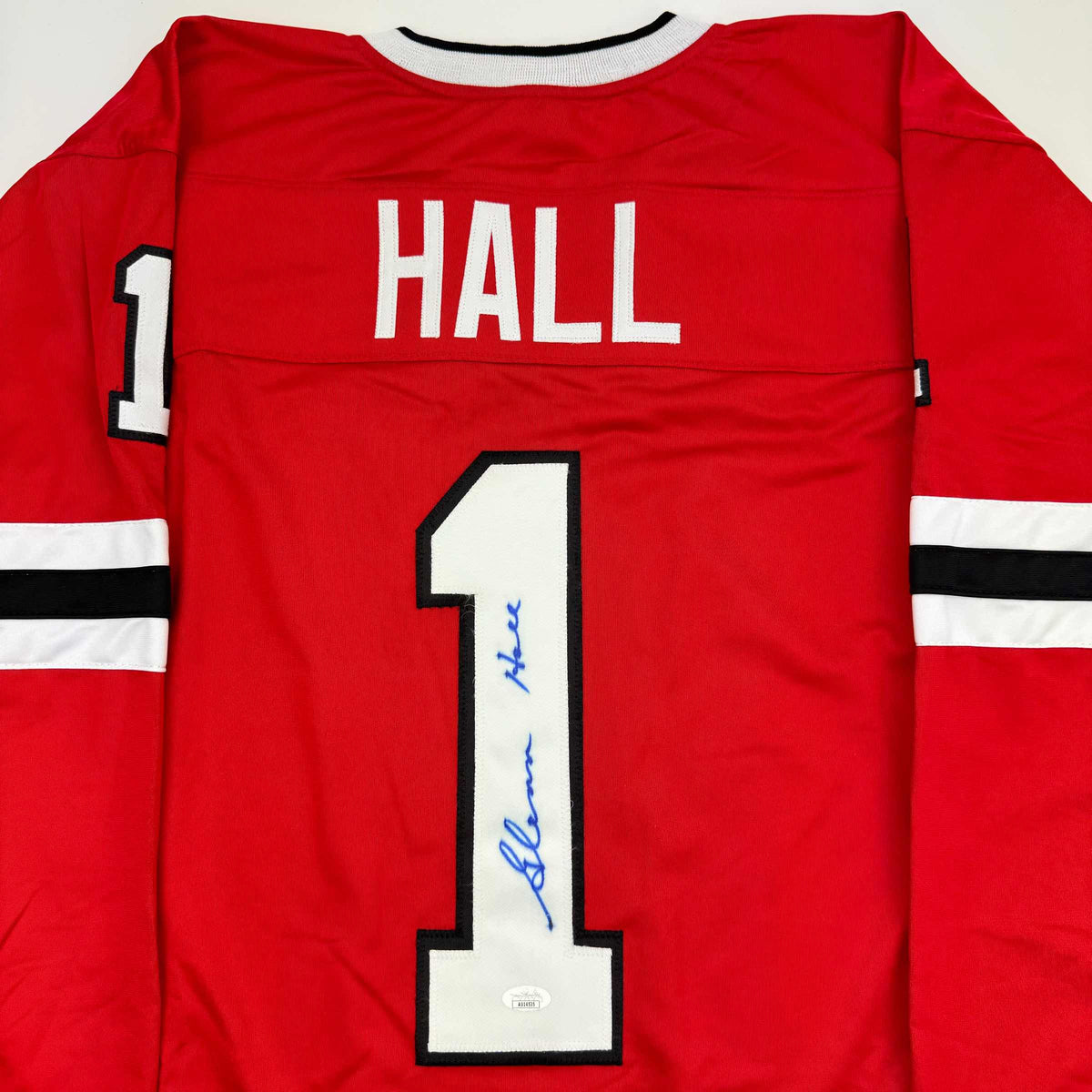 Autographed/Signed Glenn Hall Chicago Red Hockey Jersey JSA COA