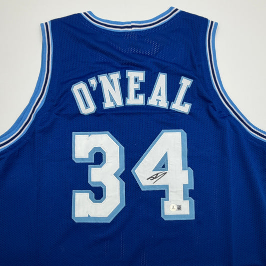 Autographed/Signed Shaquille Shaq O'Neal Los Angeles LA Retro Blue Basketball Jersey Beckett BAS COA