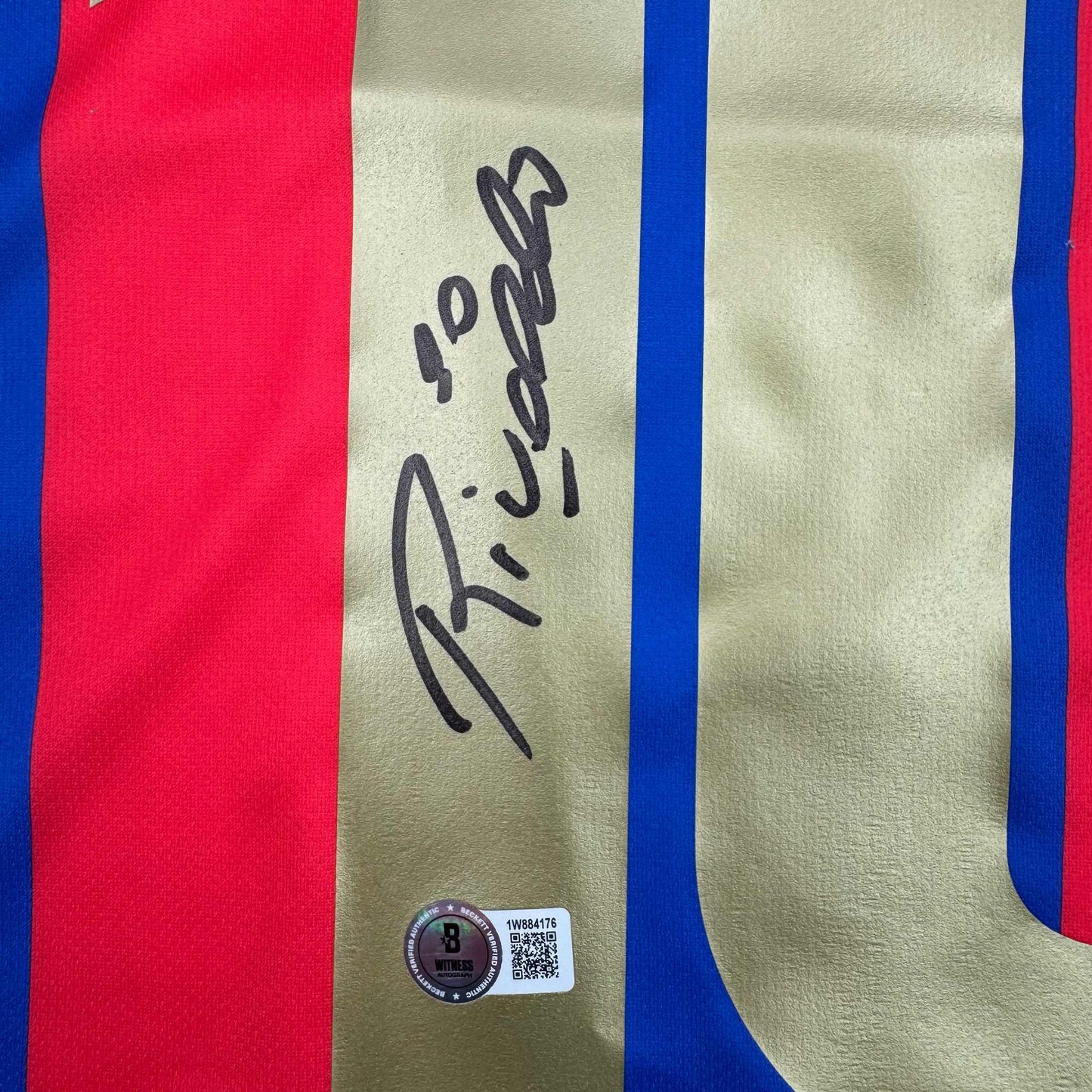 Autographed/Signed Rivaldo Ferreira FC Barcelona Blue Soccer Jersey Beckett BAS COA