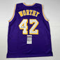 Autographed/Signed James Worthy Los Angeles LA Purple Basketball Jersey JSA COA
