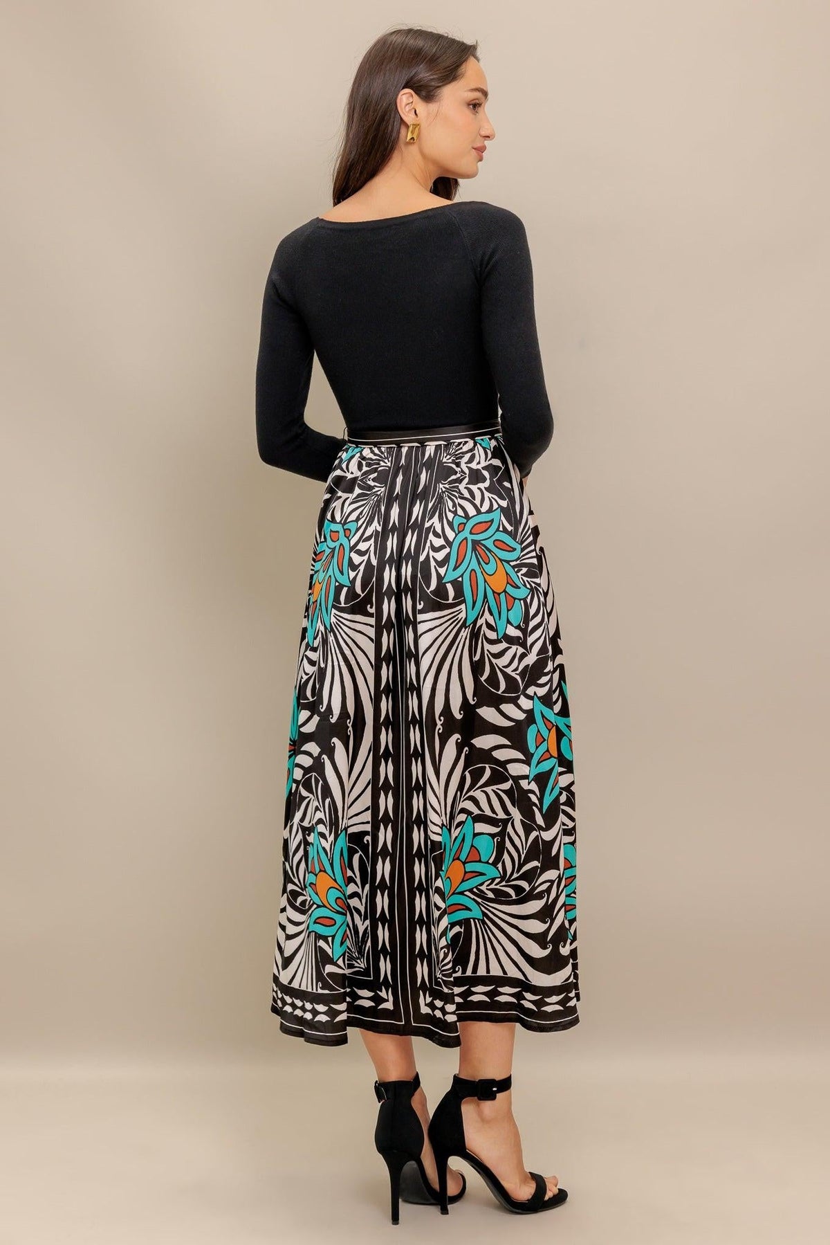 SUNBURST GARDEN BLACK MIDI DRESS